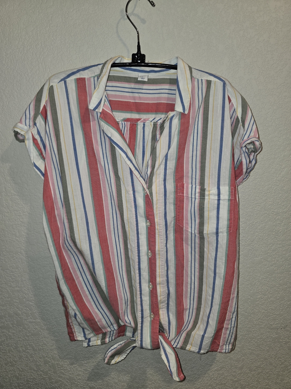 Old Navy Women's Size Large Multicolor Striped Tie-Front Short Sleeve Button-Dow